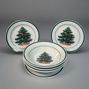 Christmas Tree Plates and Bowls Set Holiday Dinnerware Green Trim Totally Today